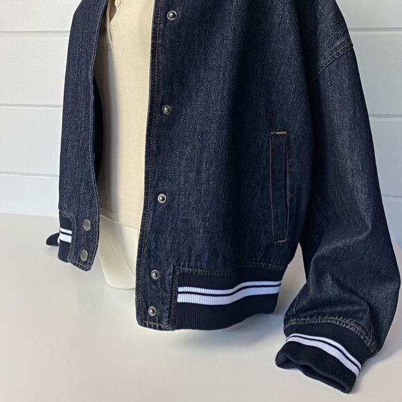 90s Oversized Denim Jean Bomber Jacket S 80s Retro Varsity Baseball Letterman - Picture 9 of 13